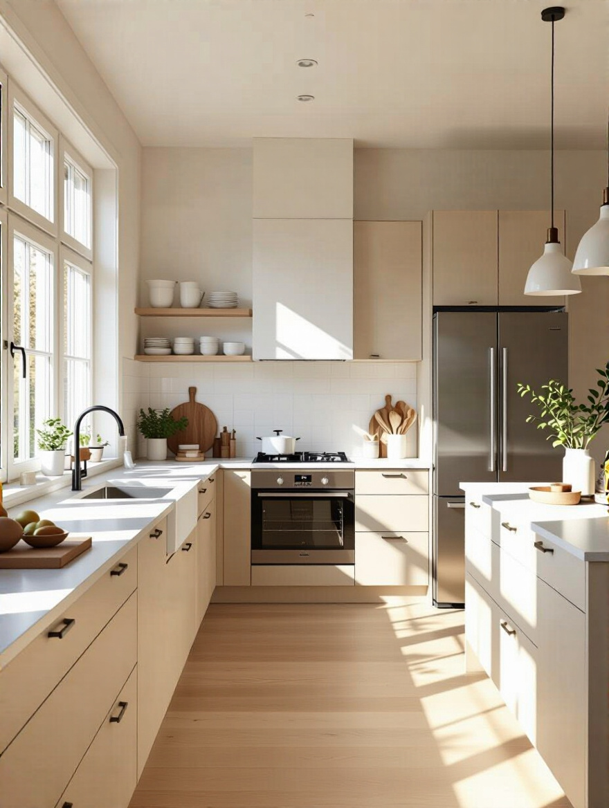 A Scandinavian kitchen designed for optimal functionality with organized storage and an ergonomic layout.