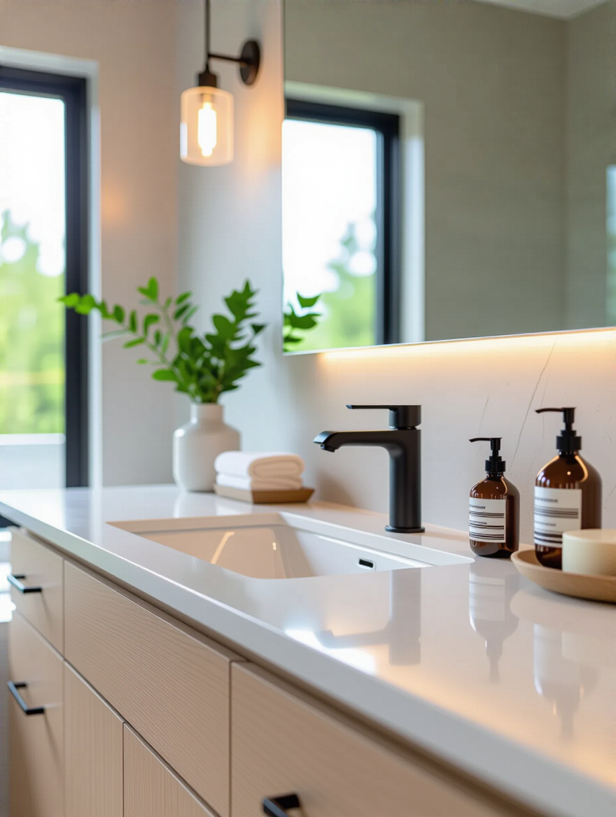 Modern bathroom vanity with low-maintenance engineered quartz countertop under natural lighting
