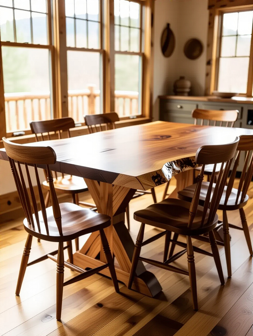Rustic dining room showcasing a natural wood dining table and chairs with warm lighting.