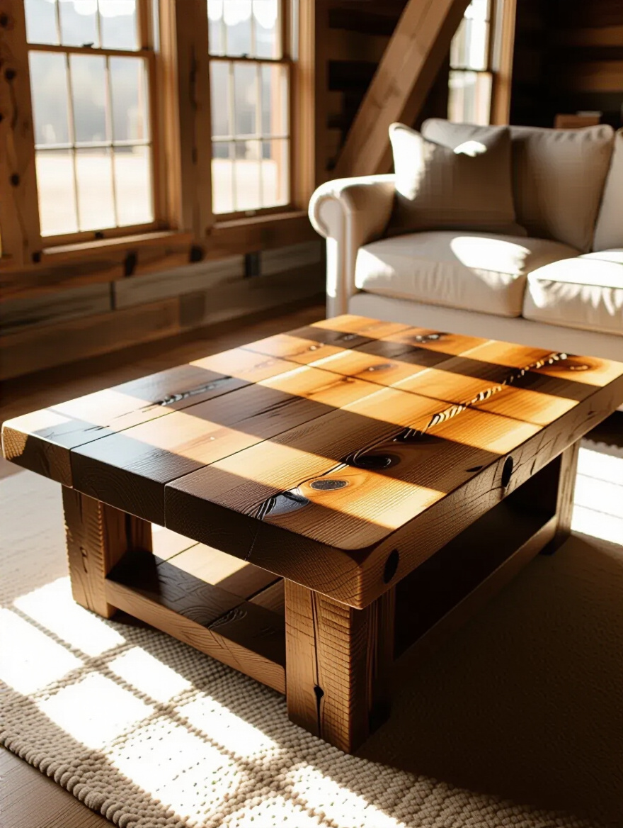 Rustic living room corner with reclaimed barnwood coffee table showcasing natural wood grain and texture under warm natural light