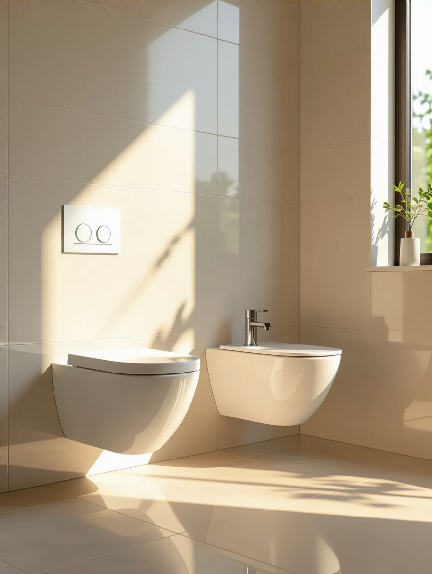 Modern bathroom corner with wall-mounted toilet and sink showcasing reclaimed floor space