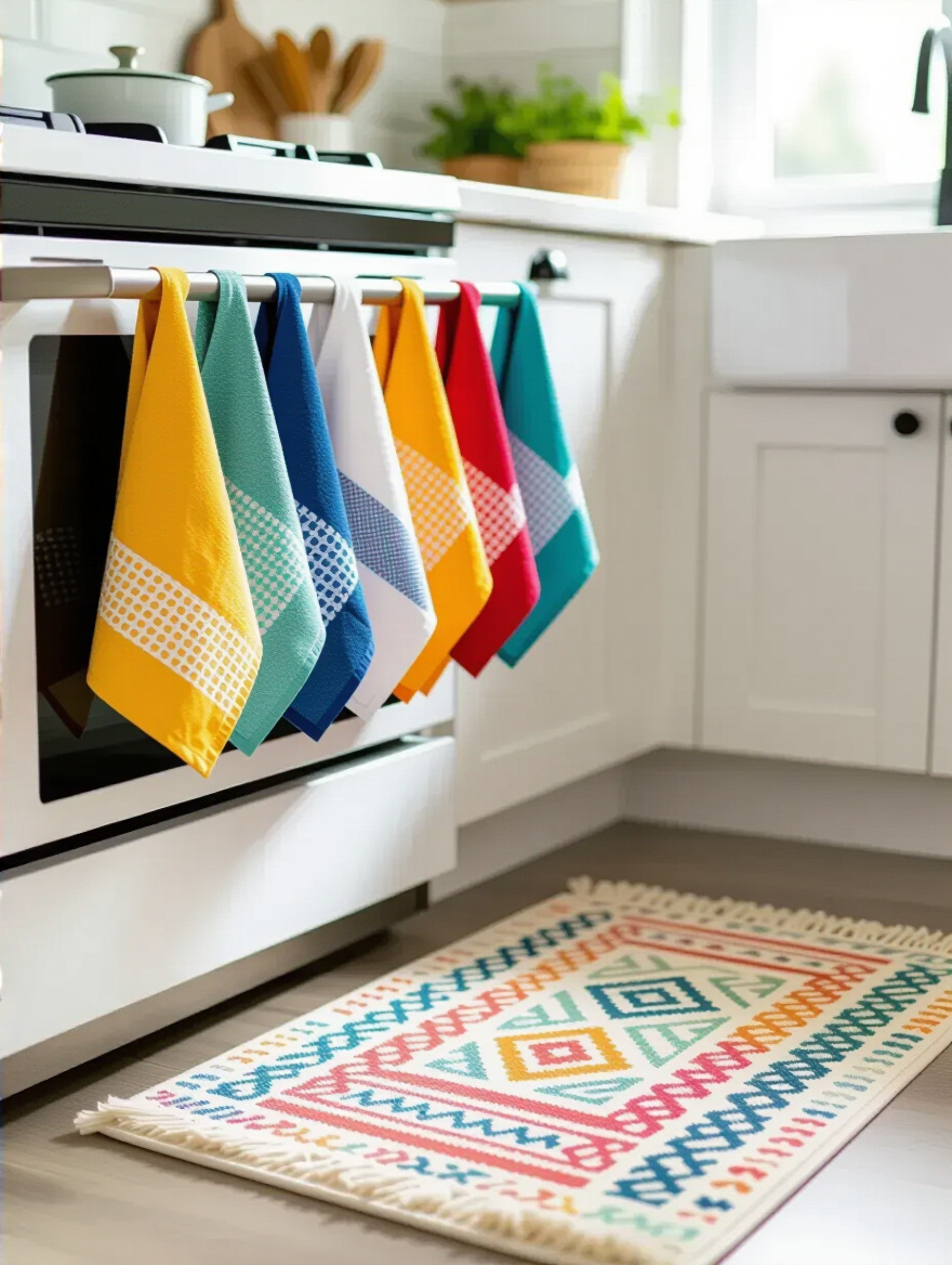 Modern kitchen corner with colorful budget dish towels hanging on oven handle and a coordinating small area rug in front of the sink