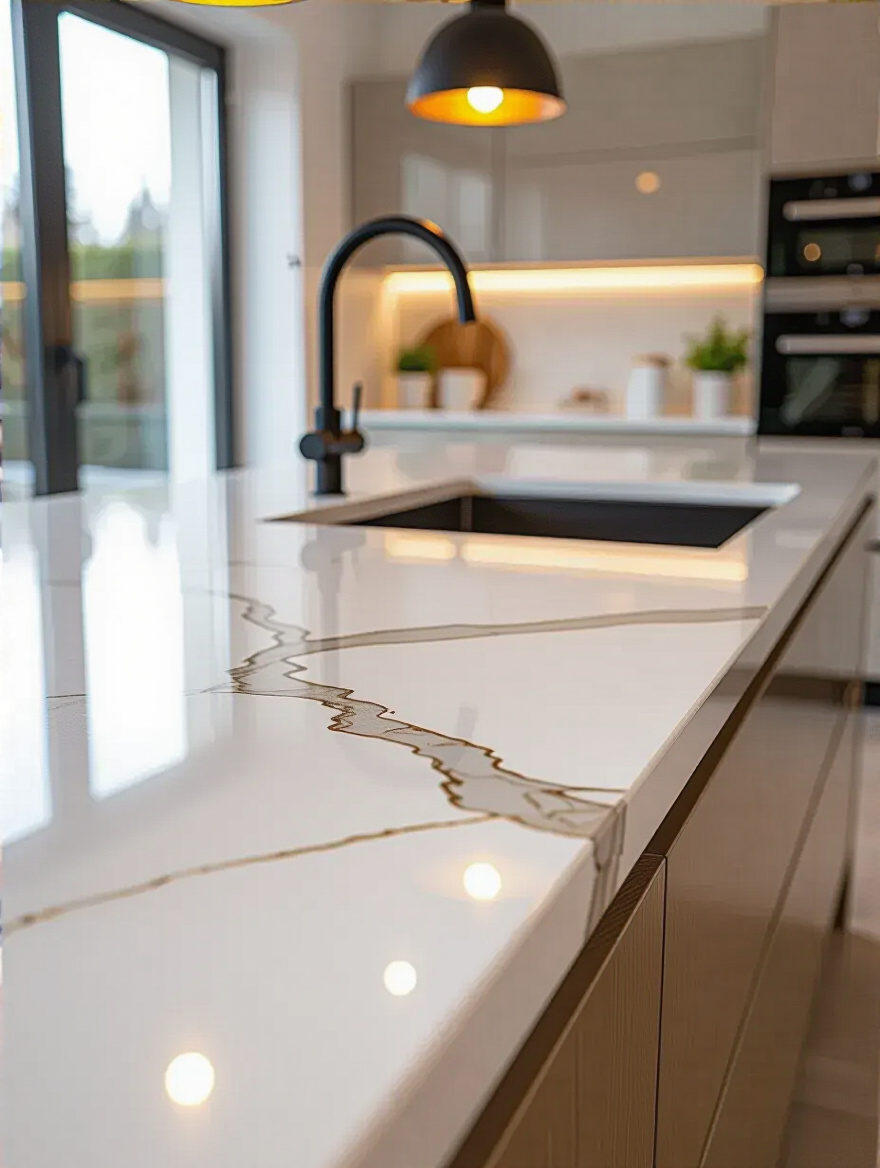 Close-up of a freshly refurbished kitchen countertop with glossy epoxy marble finish, showcasing smooth texture and modern style.