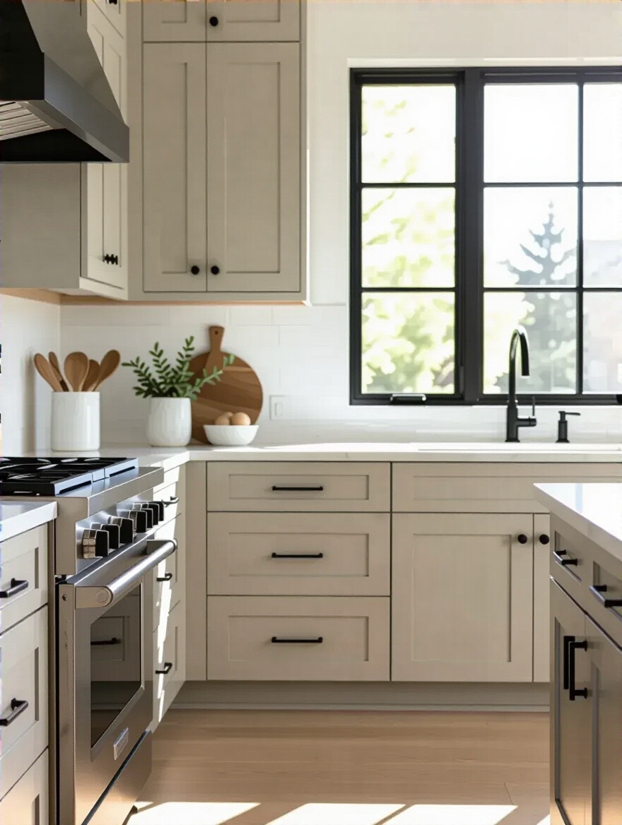 Freshly painted kitchen cabinets in light greige with matte black hardware in a bright modern kitchen