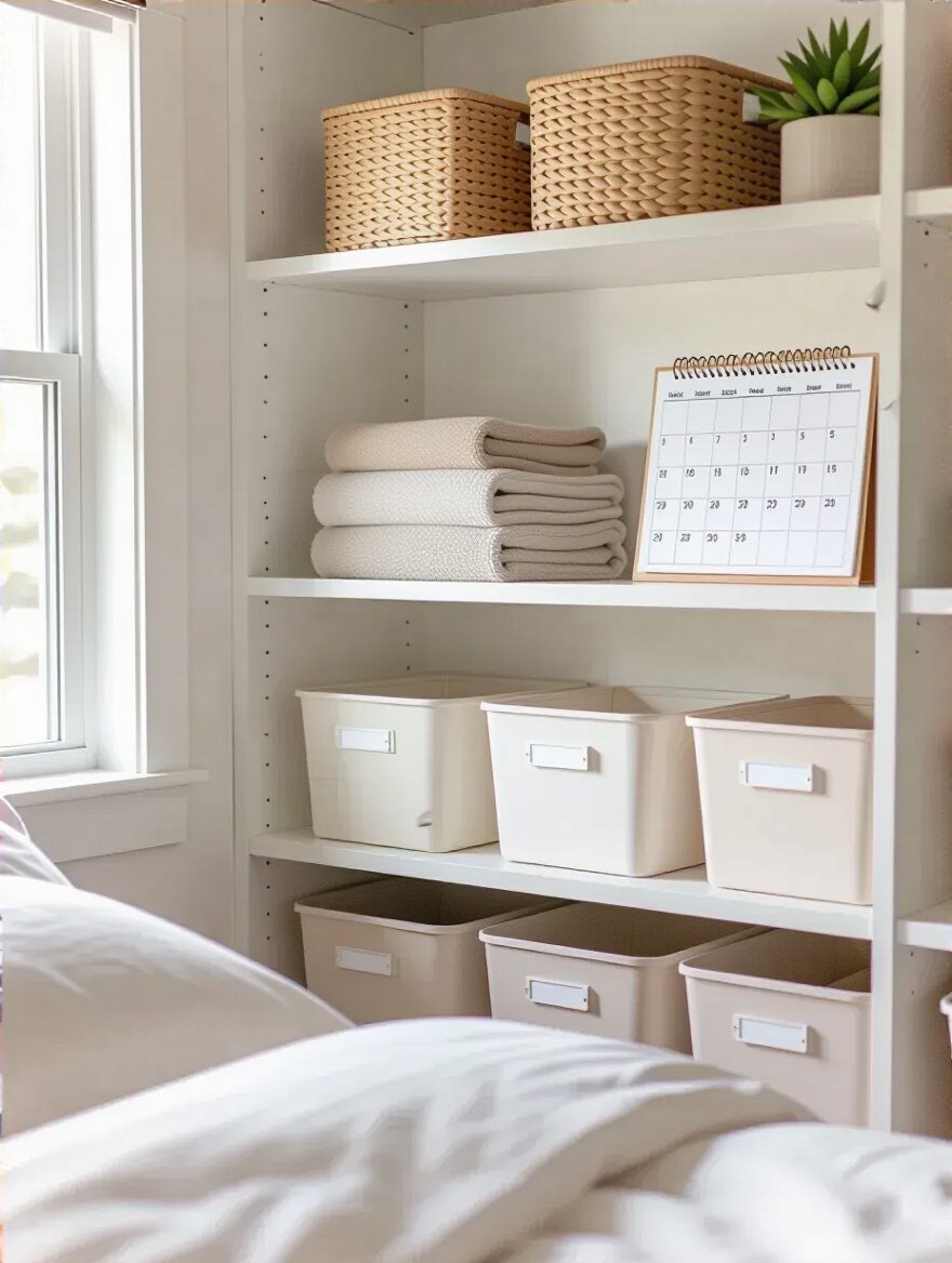 Organized bedroom storage corner with labeled bins and calendar scheduled for bi-annual decluttering