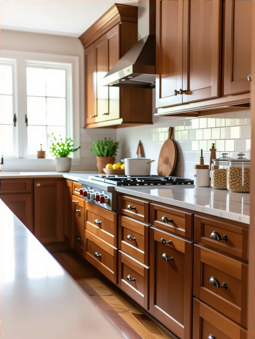 Well-organized kitchen with traditional wooden cabinets in excellent condition.
