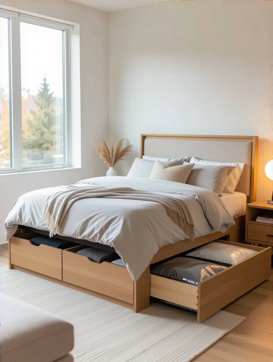 Modern bedroom featuring a queen-size storage bed with integrated drawers and ottoman lift open to reveal hidden storage space