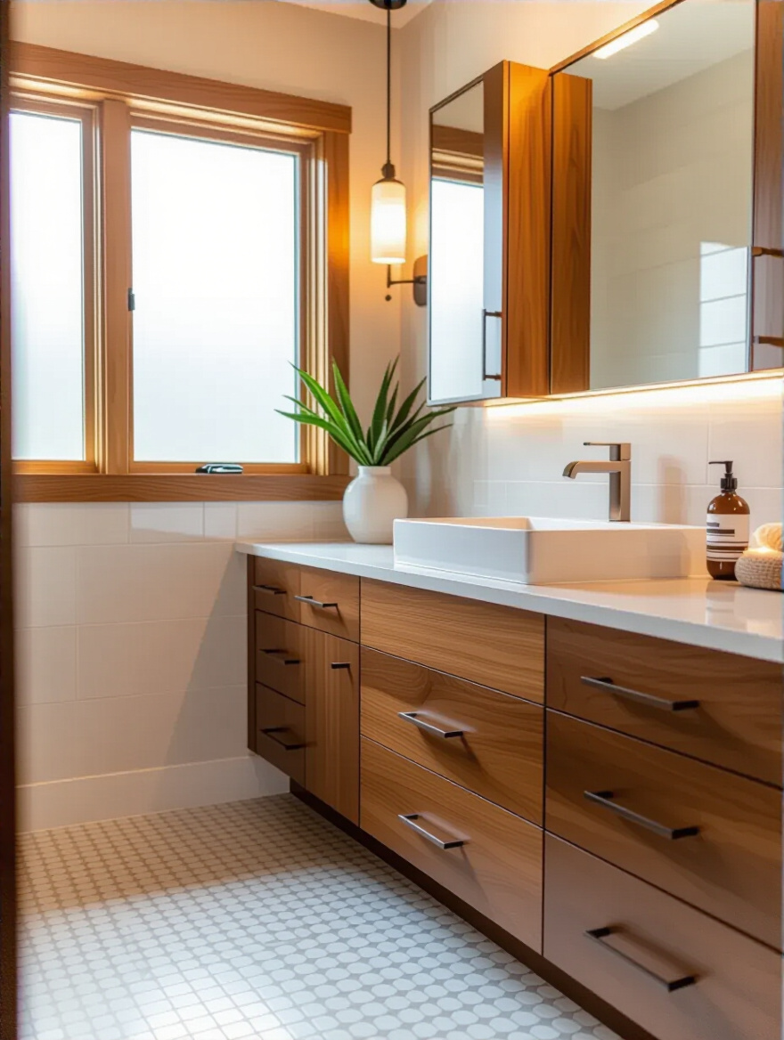 Stylish bathroom vanity showcasing cabinet finishes with natural lighting.