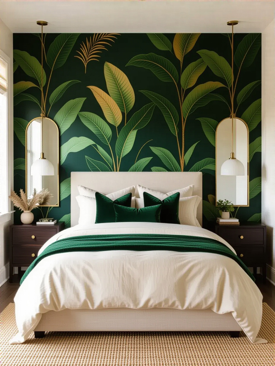 Elegant bedroom with botanical wallpaper accent wall and complementary decor including linen bedding, wooden nightstands, brass mirrors, and velvet pillows