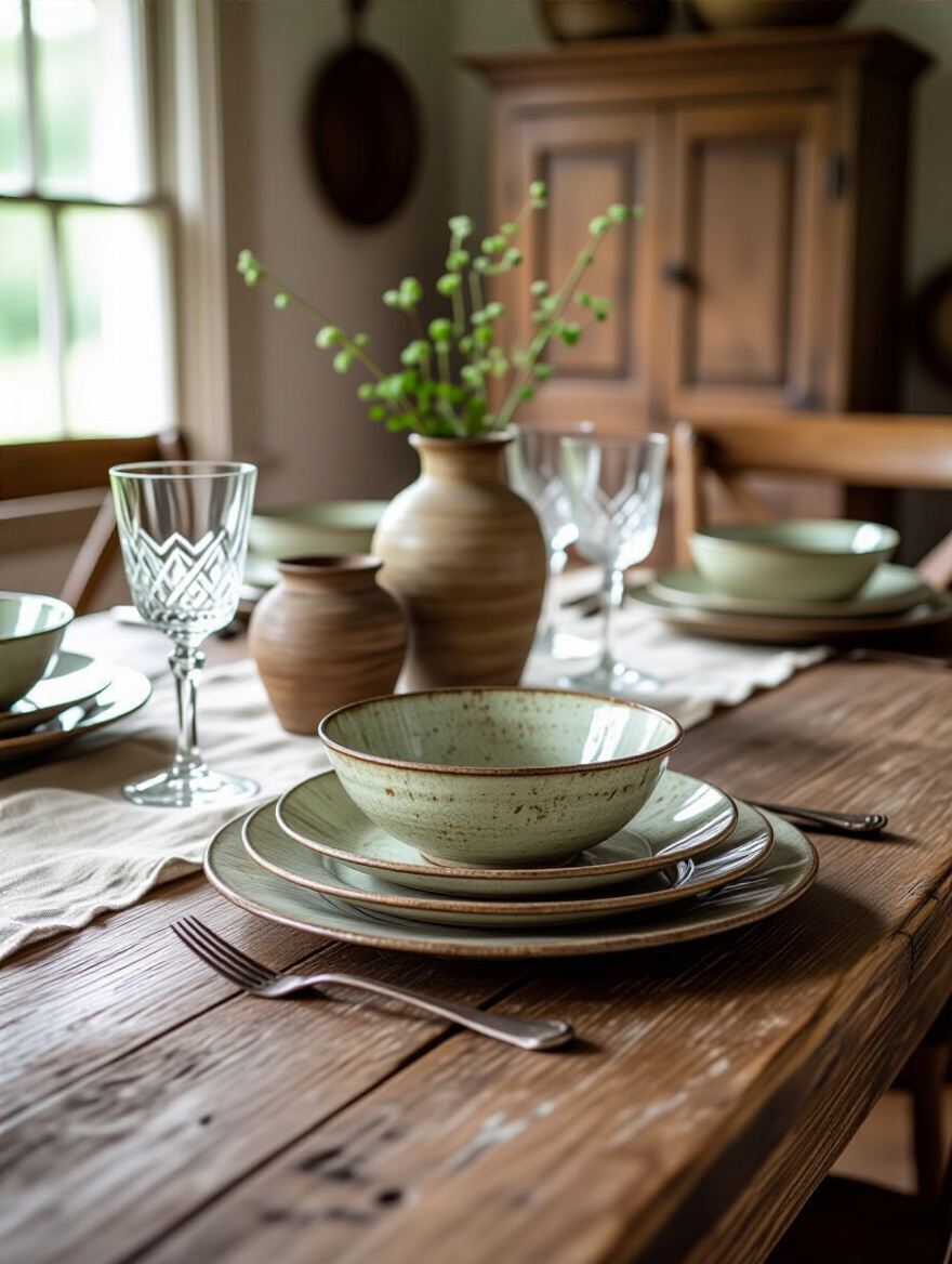 Rustic dining room featuring distressed wooden table and aged accessories