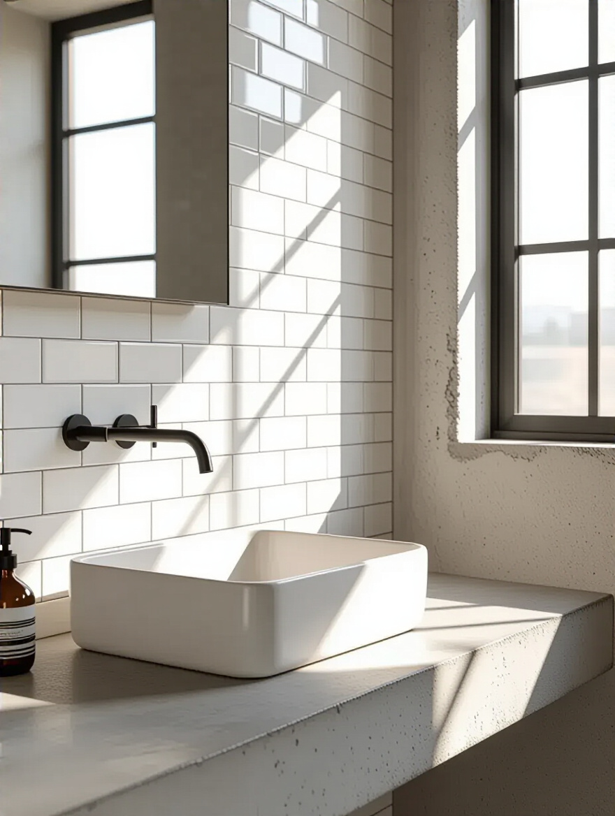 Industrial bathroom featuring durable subway tiles with a minimalist design.