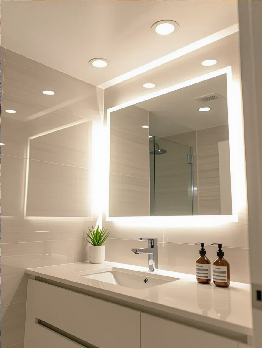 Modern bathroom illuminated by energy-efficient LED fixtures, highlighting vanity and ceiling lighting with natural white light