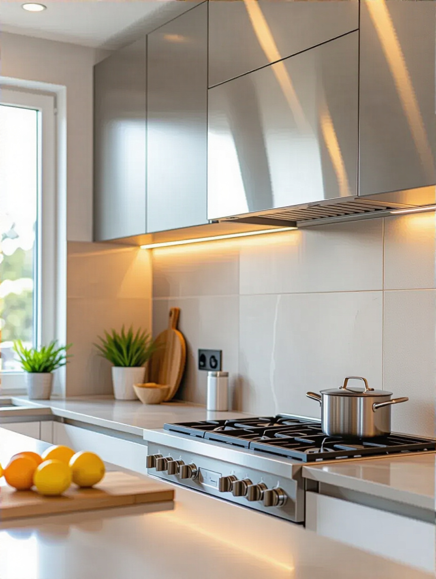 Modern kitchen wall with porcelain tiles and stainless steel backsplash, showcasing heat and moisture-resistant materials