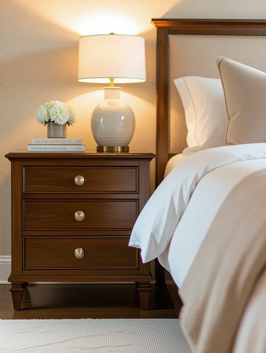 Elegant bedroom featuring stylish nightstands with ample drawer space for organization