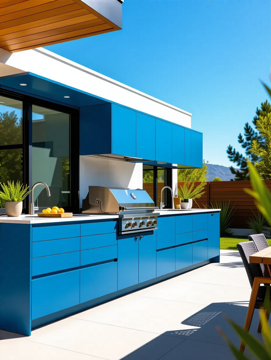 Modern outdoor kitchen cabinets made of vibrant powder-coated aluminum showing lightweight strength and color