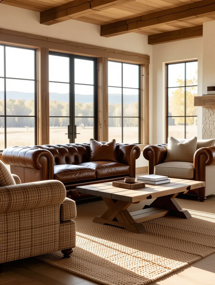 Rustic living room with oversized leather sofa and wool tweed armchairs showcasing robust comfort-first seating