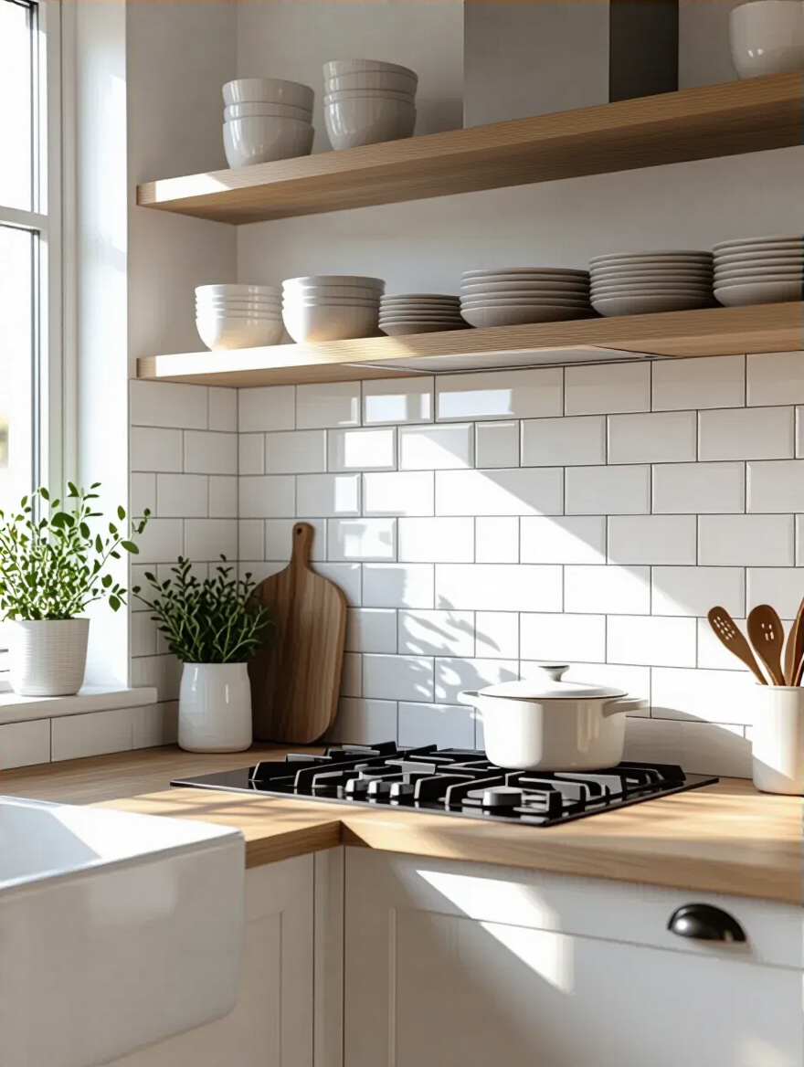 Scandinavian kitchen with simple white tile backsplash and natural light