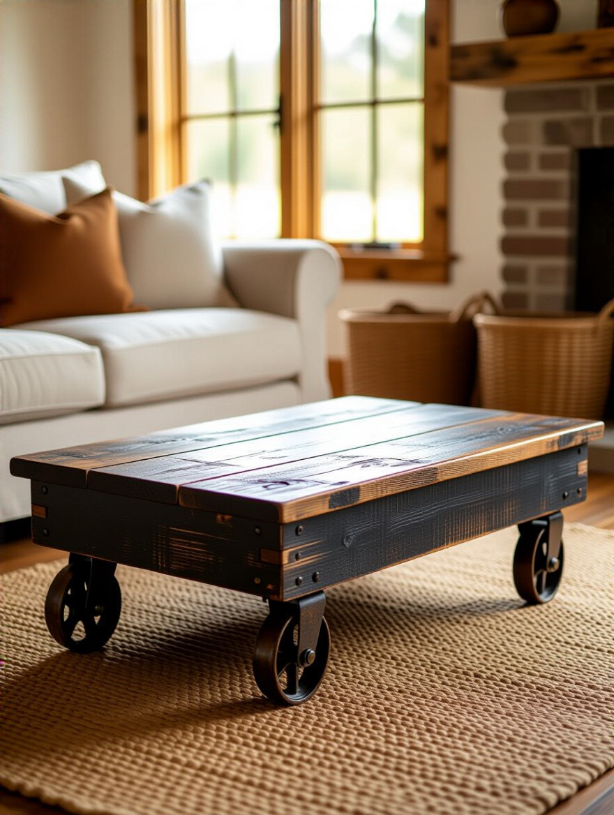 Rustic living room corner with upcycled vintage wooden coffee table featuring distressed finish and caster wheels