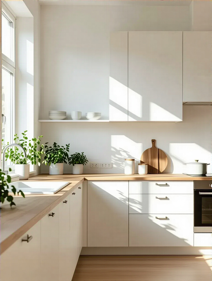 A serene Scandinavian kitchen showcasing a minimalist color palette with light colors and natural materials.