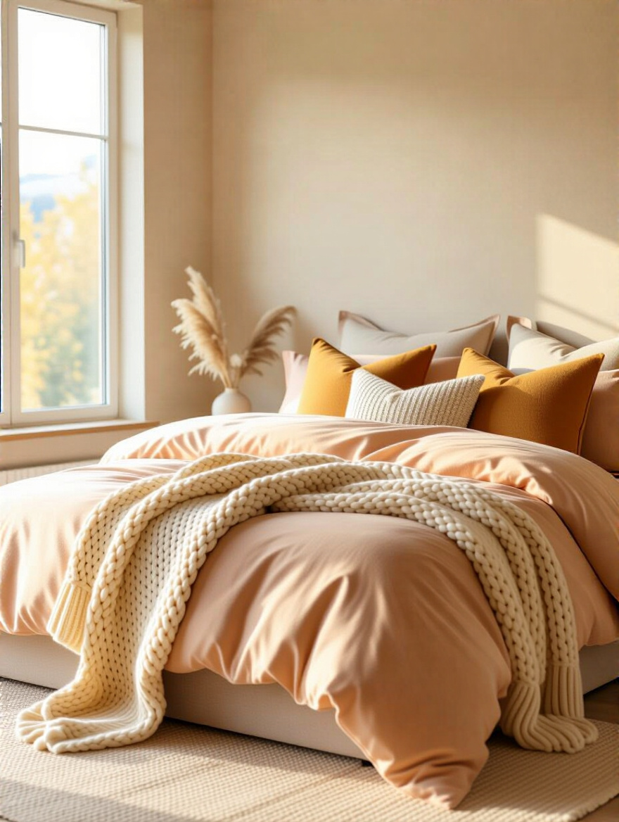 Cozy bedroom with soft warm color palette featuring muted yellows, peaches, and taupes, styled with plush bedding and natural lighting