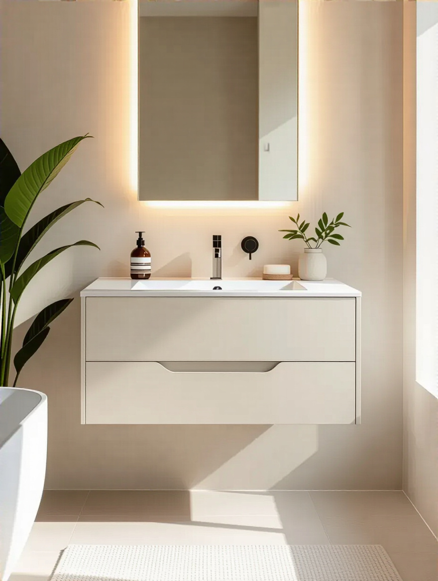 Modern bathroom with a wall-mounted vanity showcasing clean lines and spaciousness.