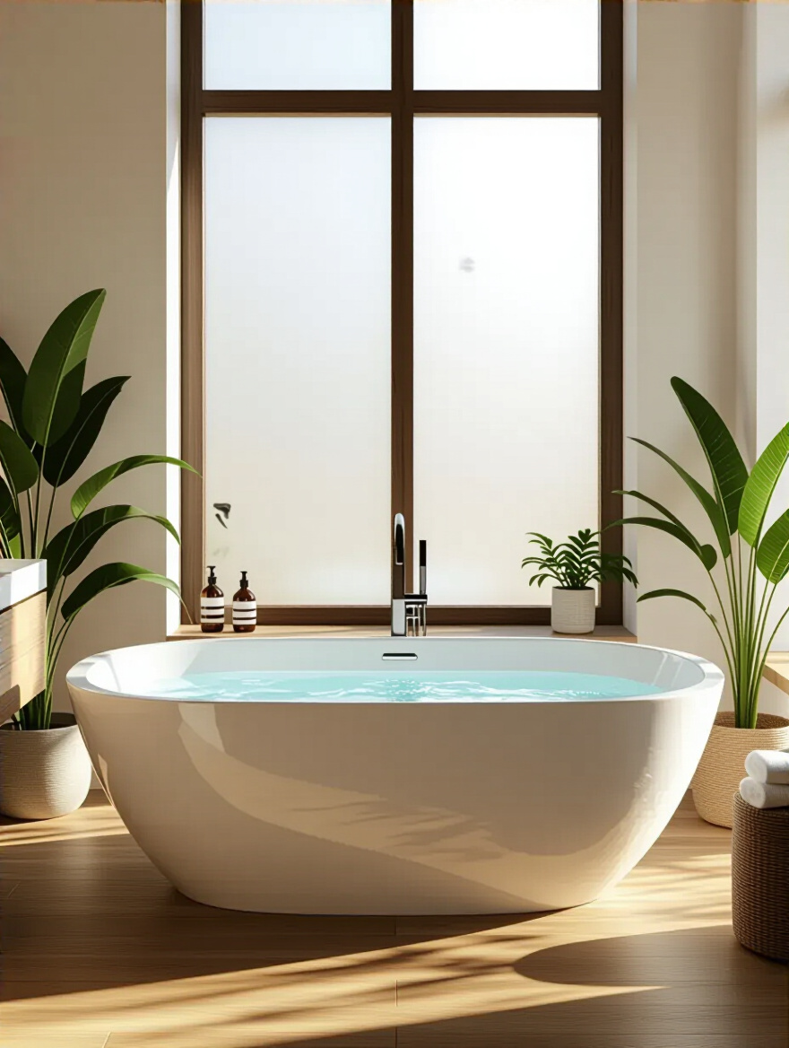 Elegant freestanding bathtub in a serene bathroom setting with natural soft lighting
