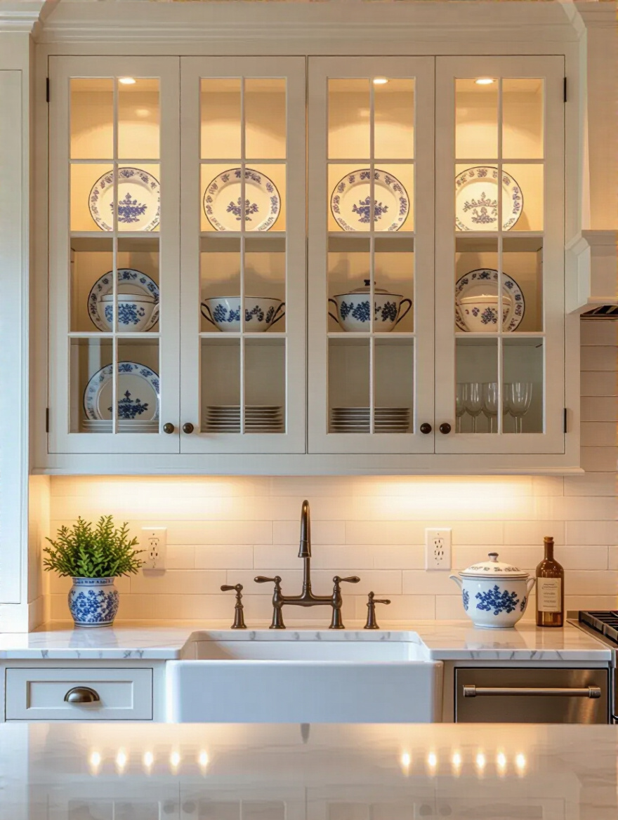 Traditional kitchen with glass door cabinet inserts showcasing elegant decor