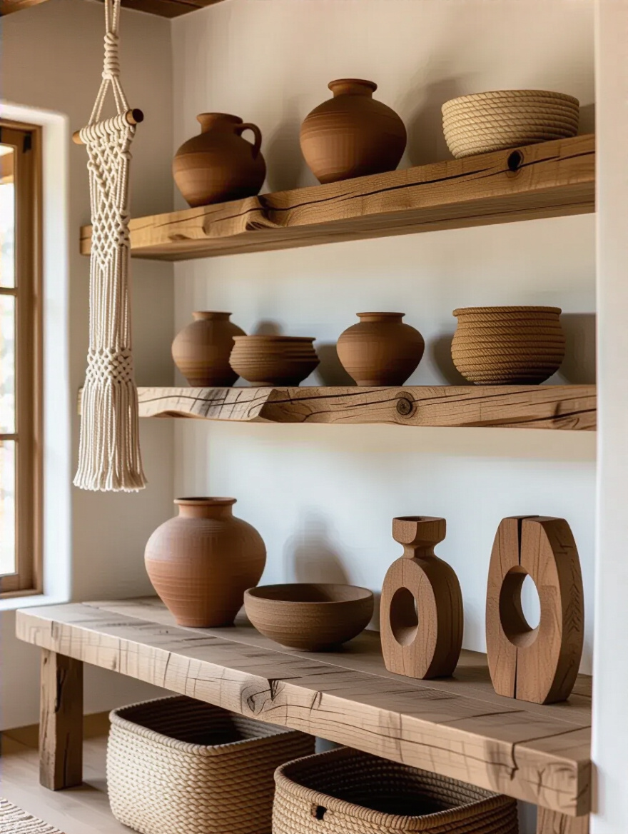 Rustic living room corner displaying handcrafted pottery, woven textiles, and carved wooden decor pieces on wooden shelves