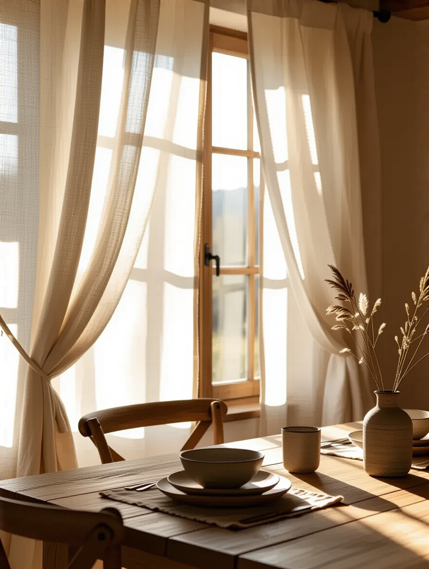 Rustic dining room with natural linen curtains softly diffusing sunlight