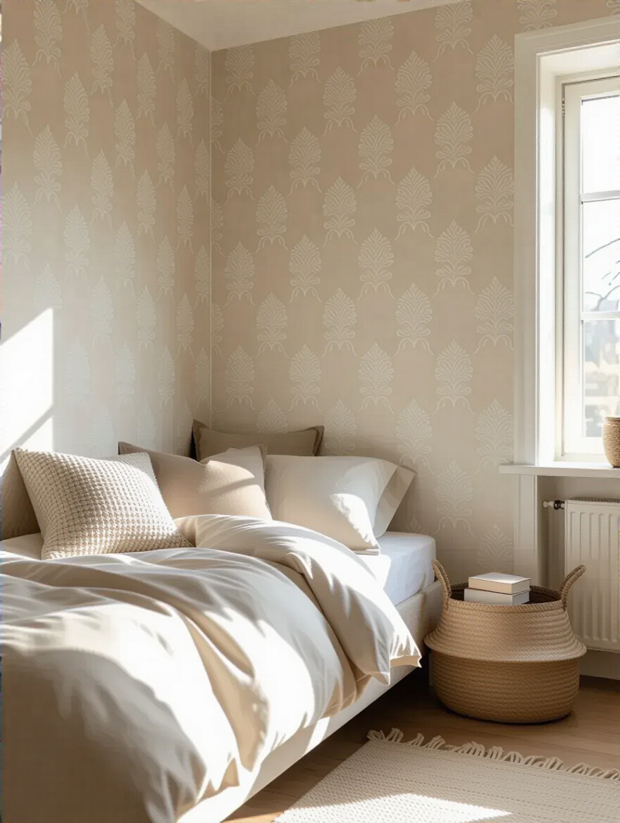 Inconspicuous bedroom corner with wallpaper partially installed for practice and confidence building