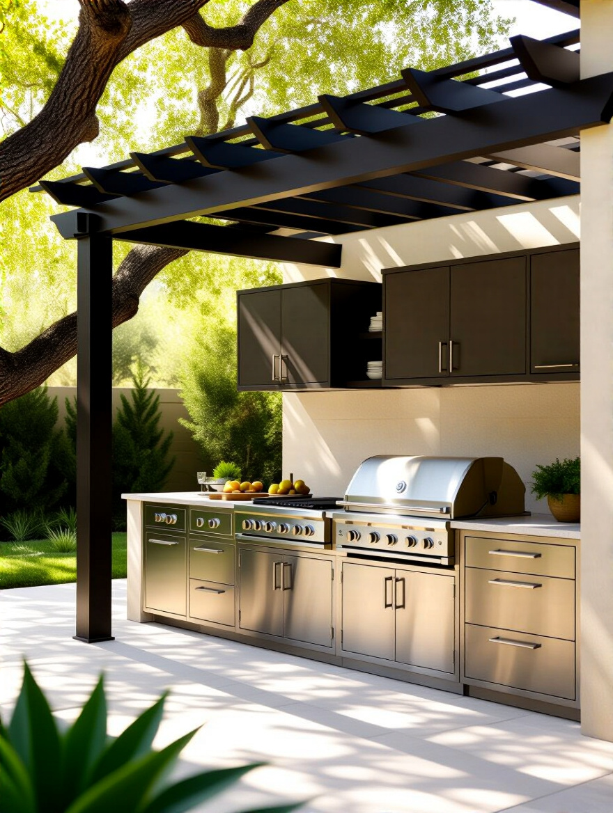 Outdoor kitchen cabinets positioned under shaded pergola to protect from direct sun exposure