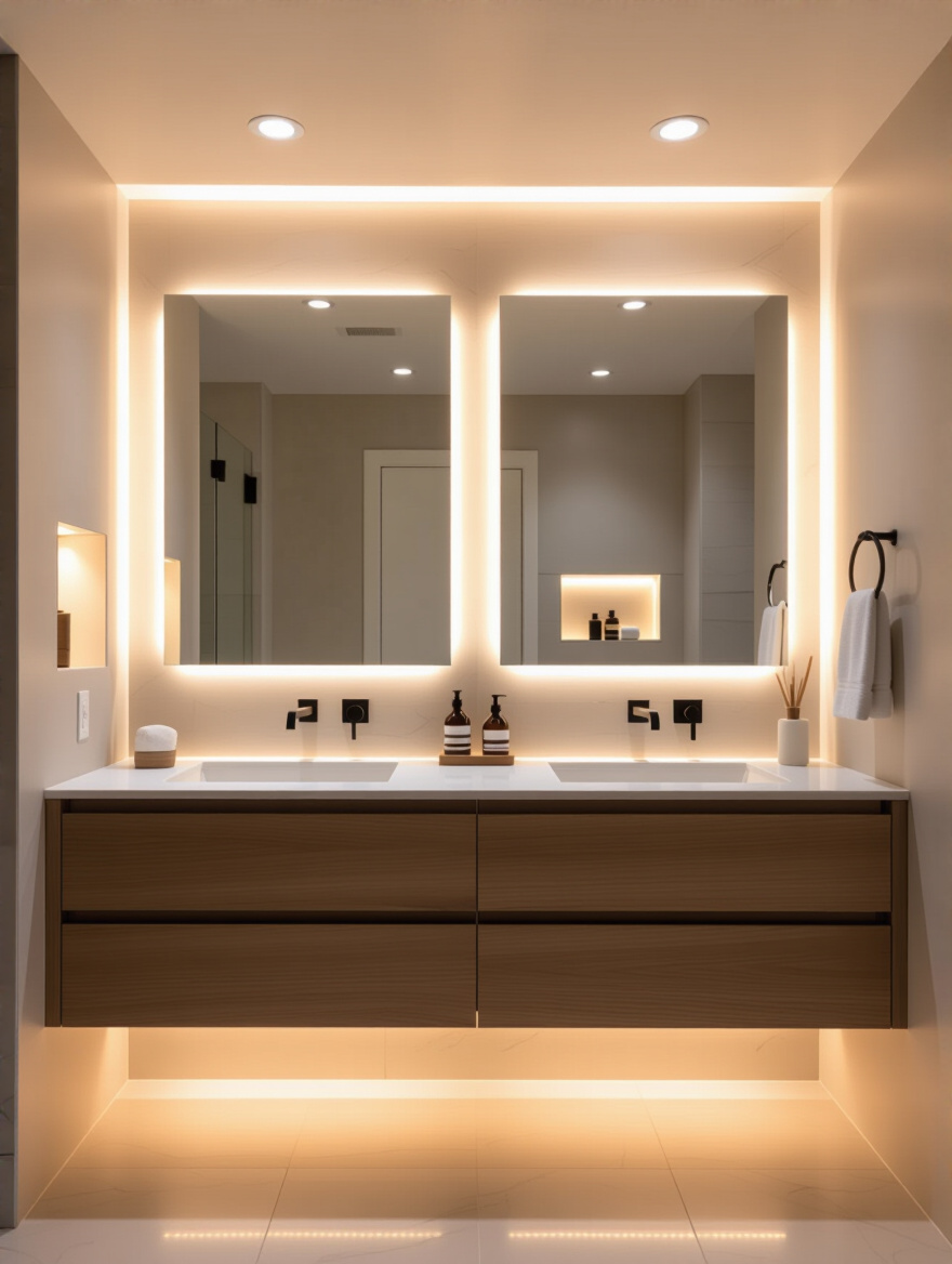 Modern bathroom showcasing layered lighting with recessed ambient lights, vanity LED light bars, and accent strip lighting for enhanced function and mood