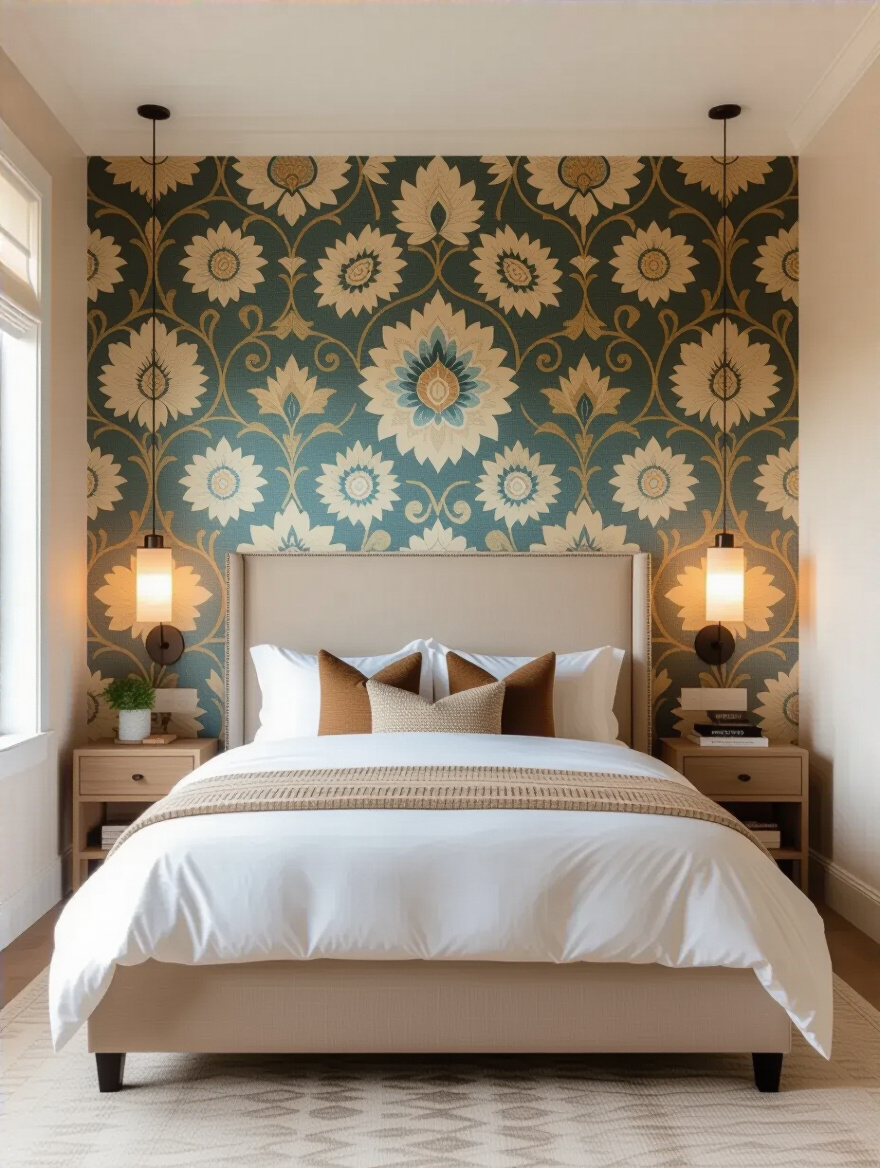 Bedroom with wallpaper accent wall and strategically positioned bed and furniture highlighting the wall's design
