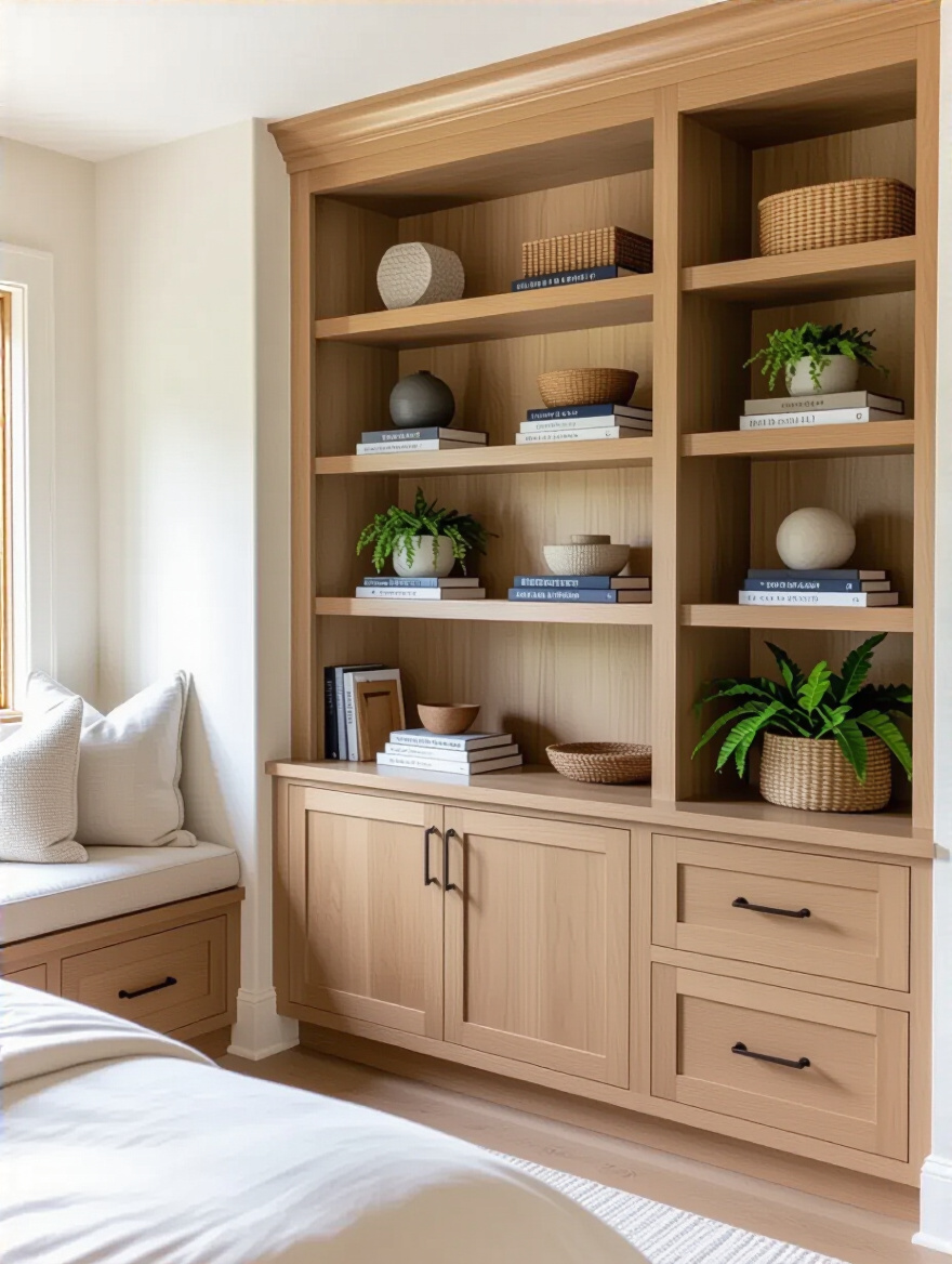 Custom built-in shelving and cabinets in a bedroom alcove with decorative items and books.