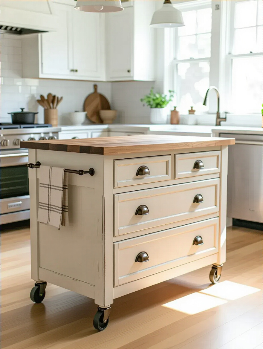 Repurposed old dresser turned into a functional kitchen island with butcher block countertop and caster wheels in a bright modern kitchen