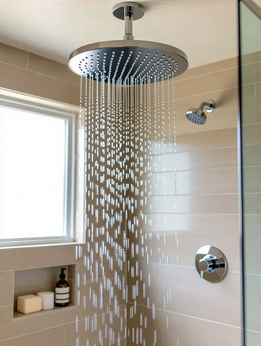 Luxurious modern bathroom shower with oversized ceiling-mounted rain showerhead and glass enclosure