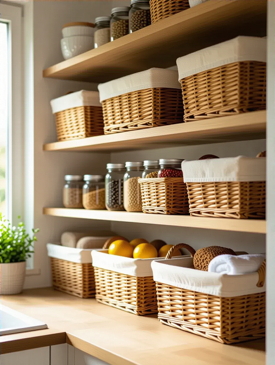 Decorative wicker and fabric baskets neatly organized on wooden kitchen shelves creating clutter-free stylish storage