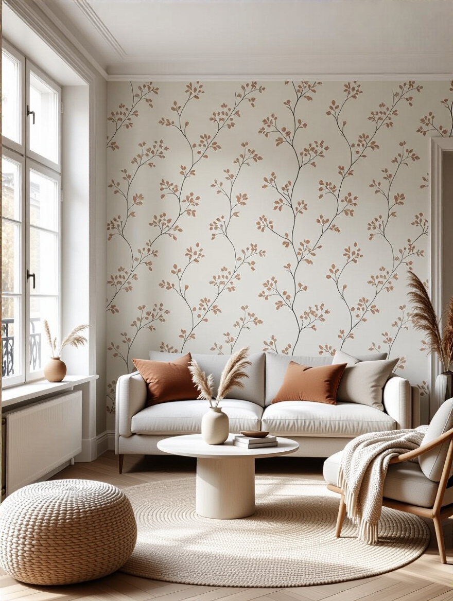 A stylish living room showcasing an accent wall with small-scale floral wallpaper, emphasizing pattern scale and repeat.