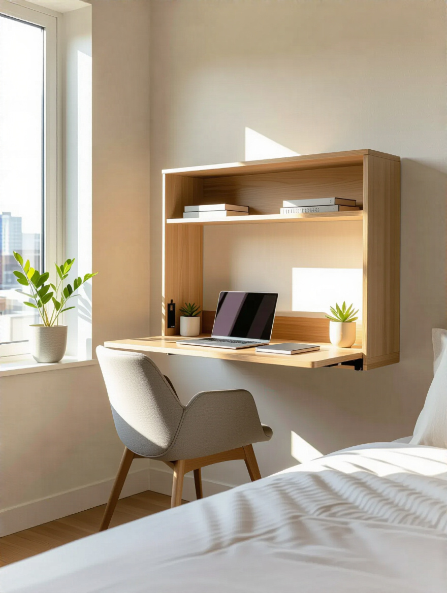 Modern bedroom corner showing a wall-mounted fold-down desk in open position with ergonomic chair, natural lighting, and minimalist decor for a compact workstation