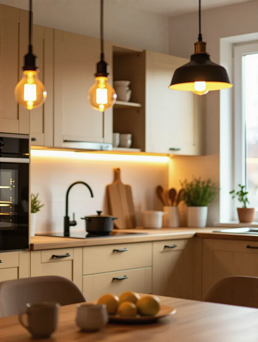 Scandinavian kitchen illuminated with warm-toned LED bulbs creating a cozy atmosphere