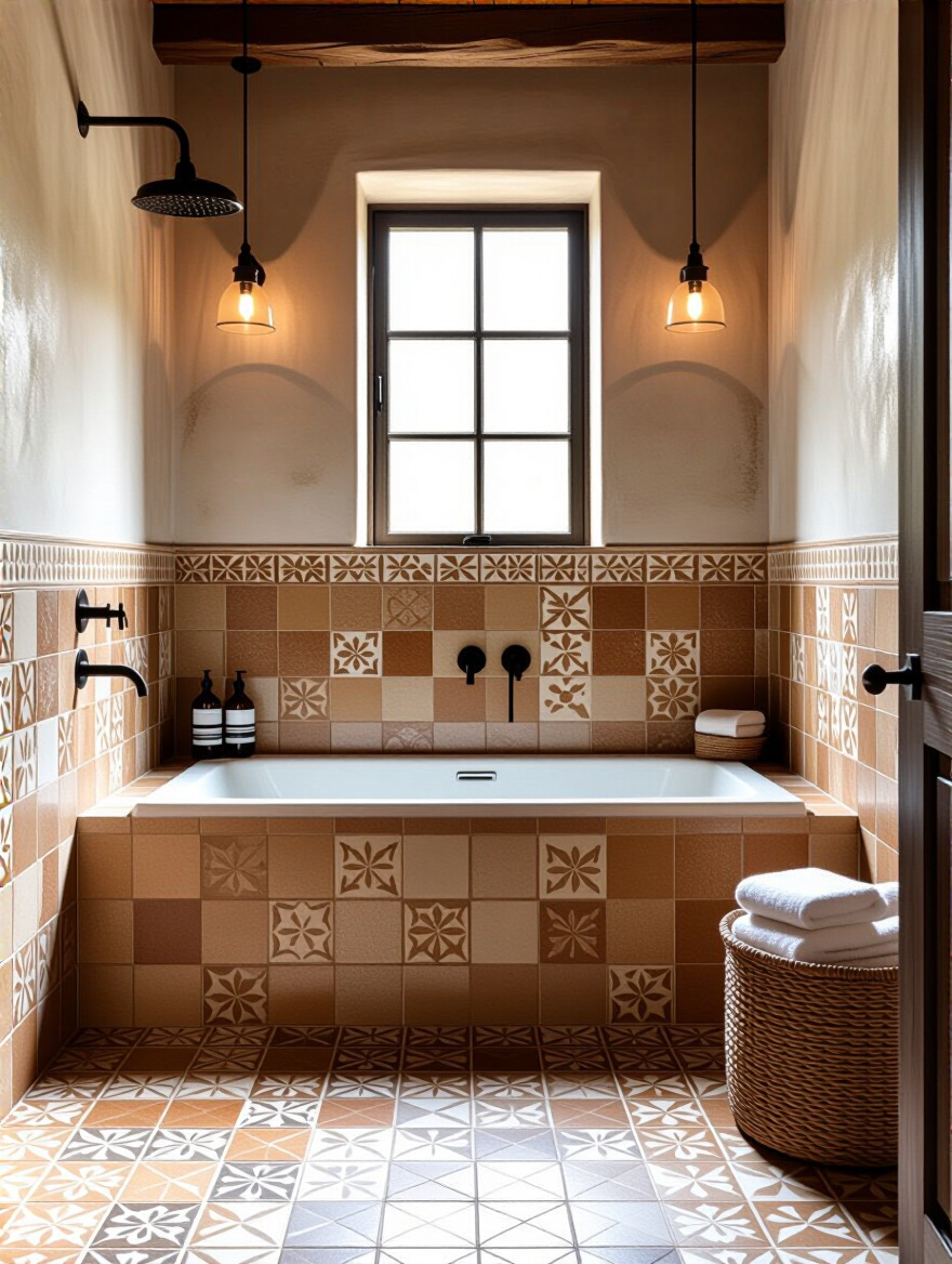 Industrial bathroom featuring distressed quoin and pavement style tiles