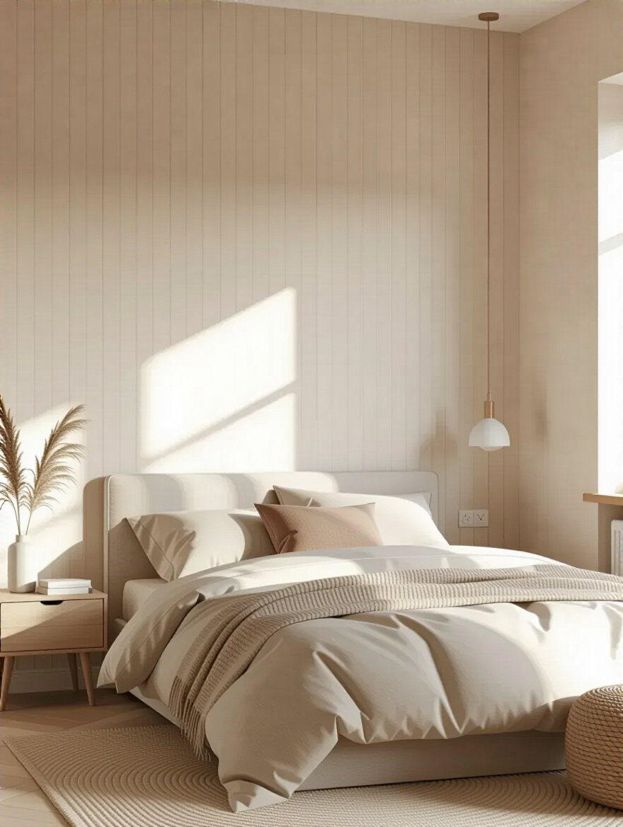 Small bedroom with a light pastel vertical striped wallpaper accent wall creating an airy and visually expanded space