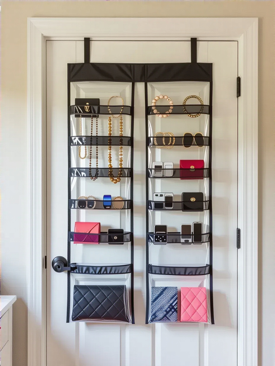 Clear over-the-door organizer filled with neatly arranged accessories hanging on a bedroom door in a modern room