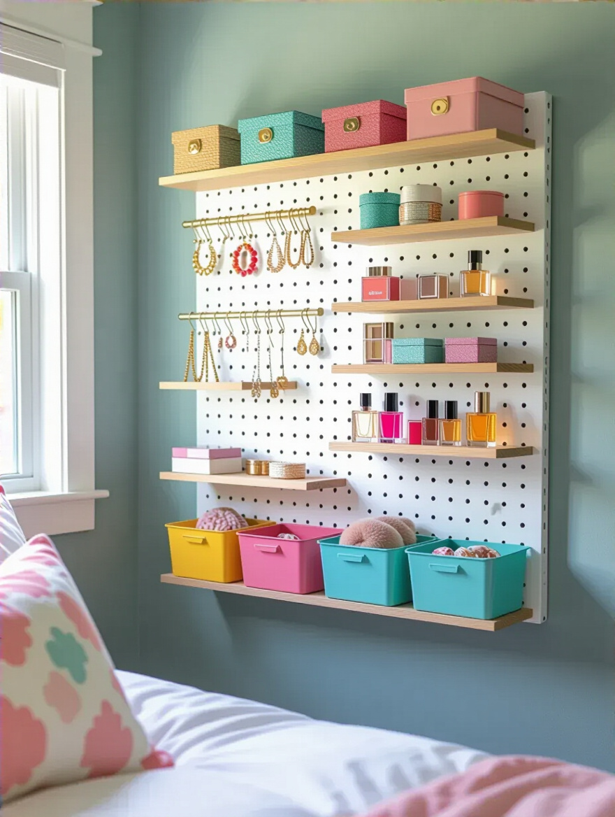 Organized pegboard in a bedroom showcasing various accessories and tools.