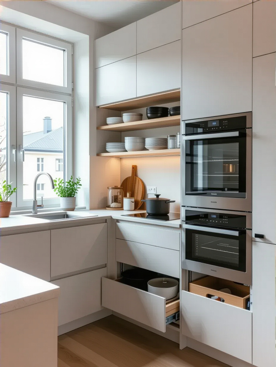 Scandinavian kitchen with smart built-in storage solutions, showcasing organization and minimalist design.