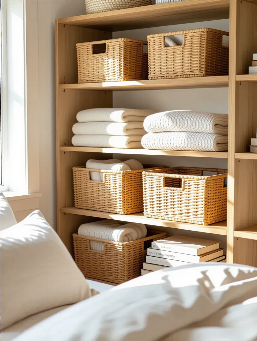 Cozy bedroom corner with woven baskets used for stylish and organized storage on shelves and under bed, natural light highlighting textures