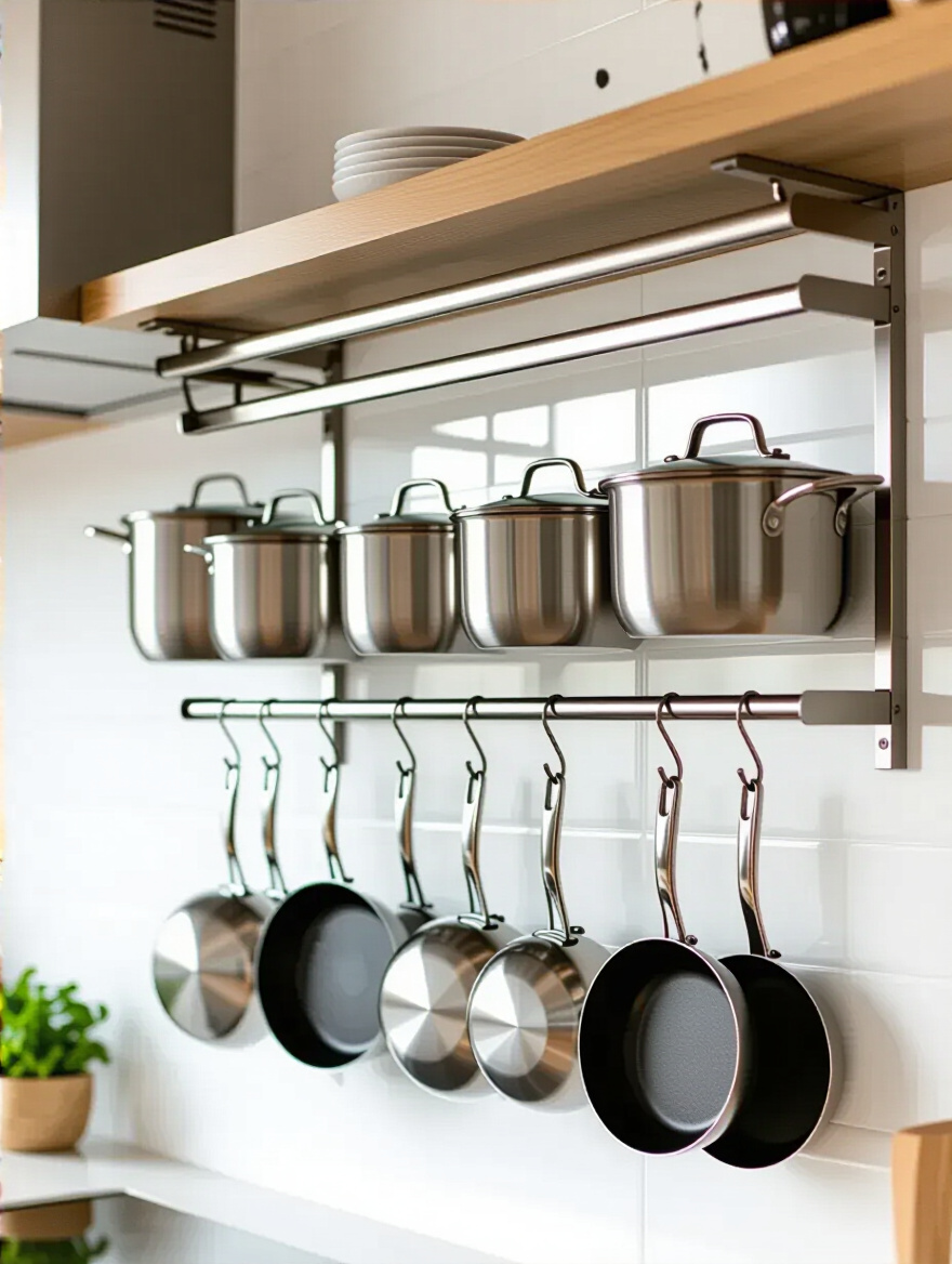 Modern kitchen wall-mounted rack with neatly organized pots and pans on stainless steel hooks