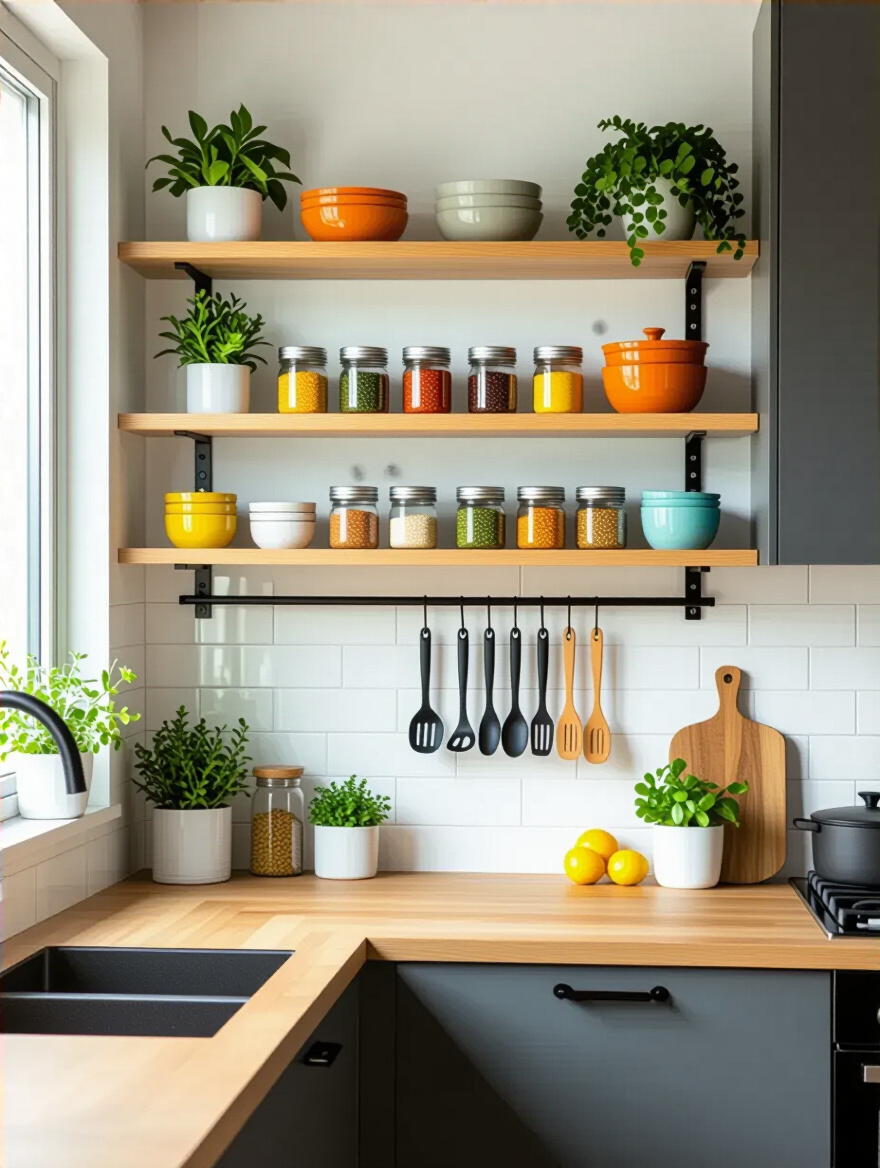 Modern kitchen wall with smart vertical storage solutions including floating shelves and magnetic spice racks, showcasing organized and clutter-free space