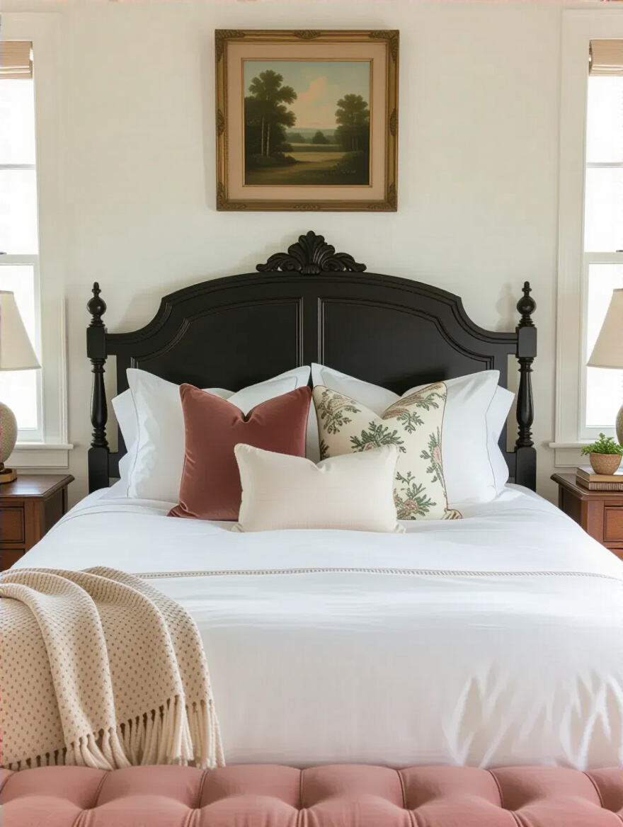 Bed with layered vintage throw pillows in a warm, nostalgic bedroom.