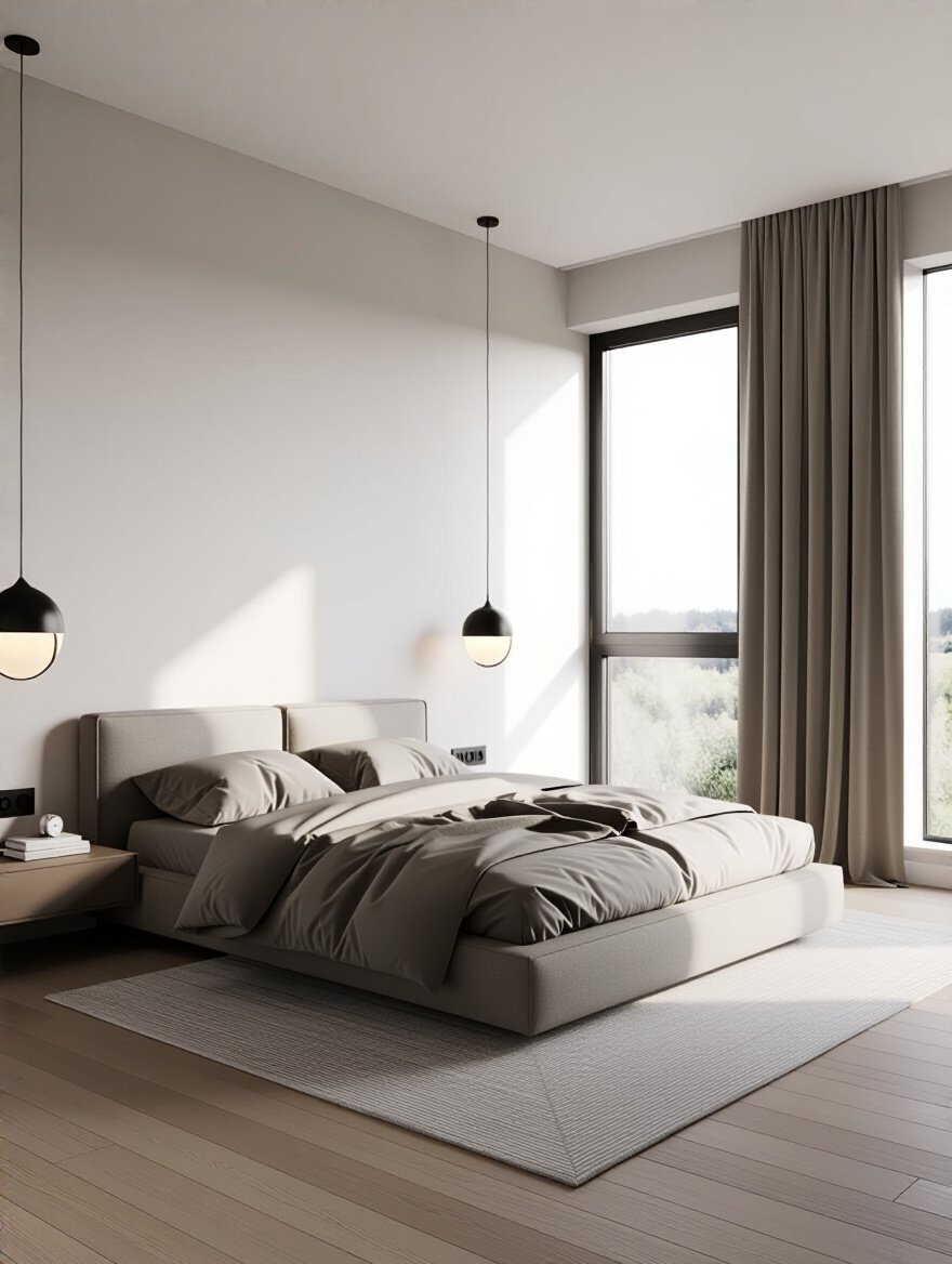 Modern empty bedroom with measuring tools including tape measure, laser measurer, and graph paper ready for accurate room dimension measurement